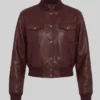 Maroon Cropped Bomber Leather Jacket For Womens