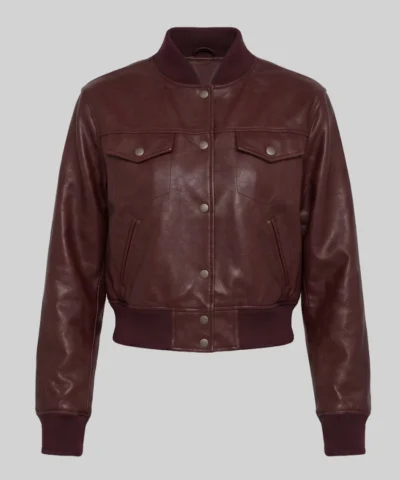 Maroon Cropped Bomber Leather Jacket For Womens