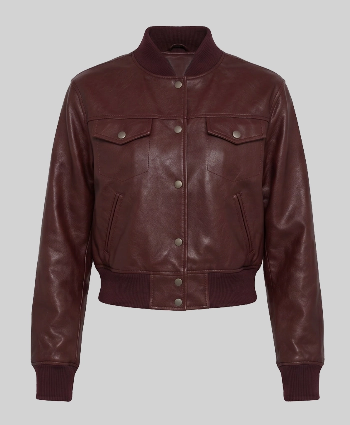 Maroon Cropped Bomber Leather Jacket For Womens