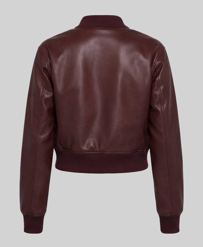 Maroon Cropped Bomber Leather Jacket Womens