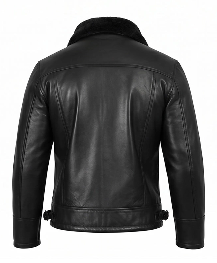 Men B3 Bomber Shearling Lined Black Leather Jacket Back View