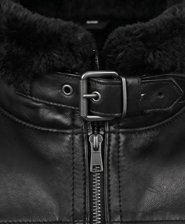 Men B3 Bomber Shearling Lined Black Leather Jacket Close Up Fur Collar