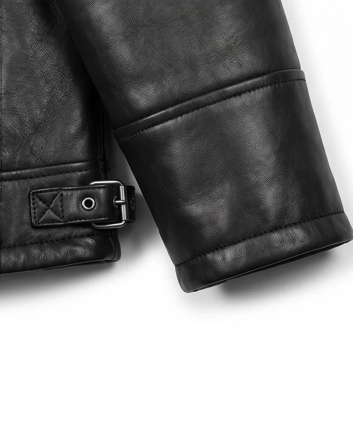 Men B3 Bomber Shearling Lined Black Leather Jacket Close Up Sleeves and hemline