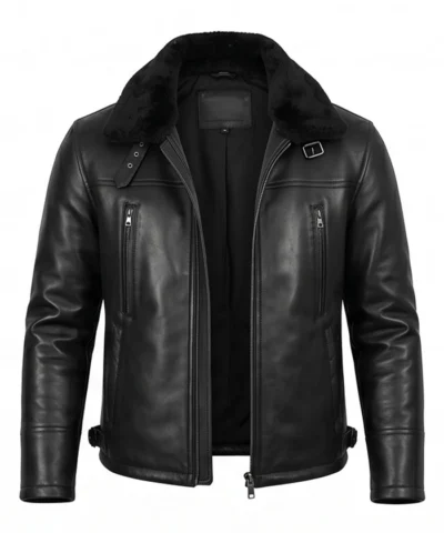 Men B3 Bomber Shearling Lined Black Leather Jacket Front Open Closure View