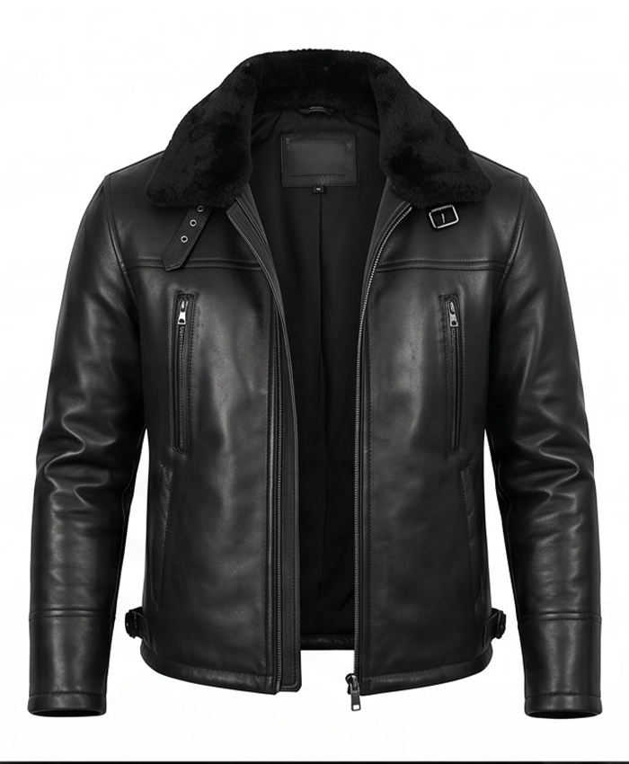 Men B3 Bomber Shearling Lined Black Leather Jacket Front Open Closure View