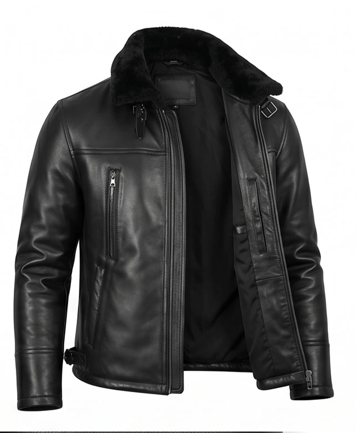 Men B3 Bomber Shearling Lined Black Leather Jacket Front View