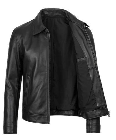 Men Black Harrington Leather Jacket Front View