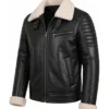 Men Black Leather White Shearling Collar Jacket Front View