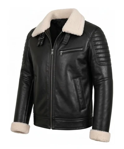 Men Black Leather White Shearling Collar Jacket Front View
