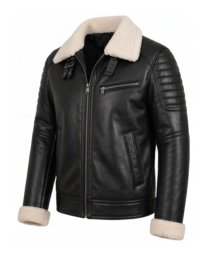 Men Black Leather White Shearling Collar Jacket Front View