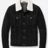 Men Black Suede Trucker Shearling Collar Jacket