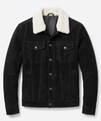 Men Black Suede Trucker Shearling Collar Jacket