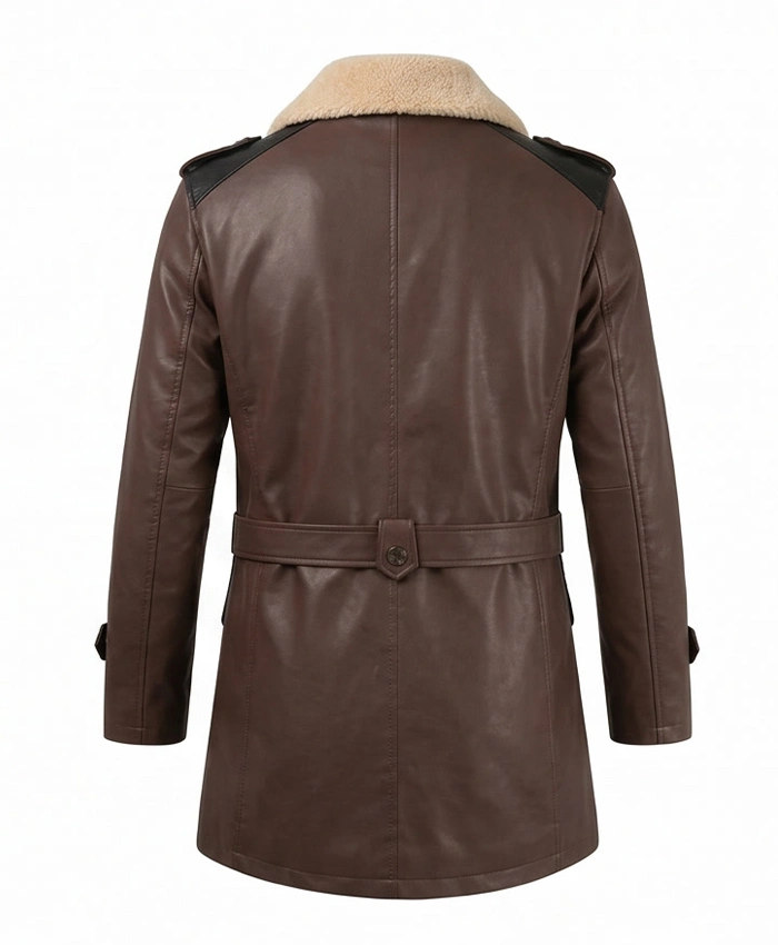 Men Brown Real Cowhide Shearling Aviator Leather Jacket Back View