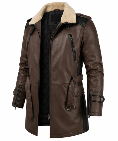 Men Brown Real Cowhide Shearling Aviator Leather Jacket Front View