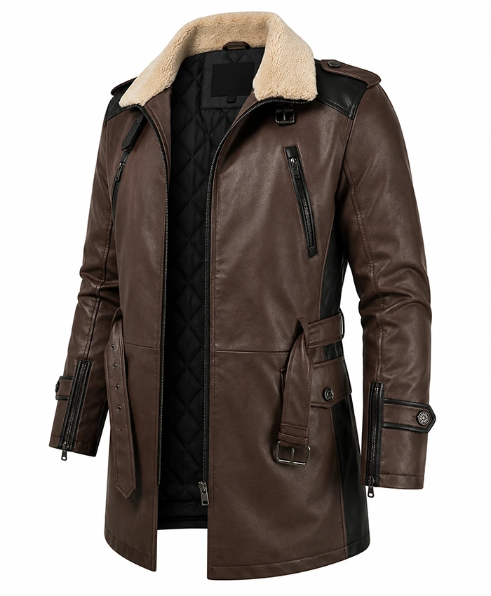 Men Brown Real Cowhide Shearling Aviator Leather Jacket Front View