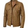 Men Camel Wax Leather Trucker Jacket Front View