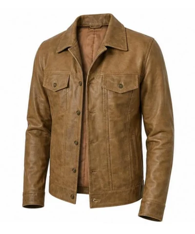Men Camel Wax Leather Trucker Jacket Front View