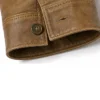 Men Camel Wax Leather Trucker Jacket Sleeve Close Up