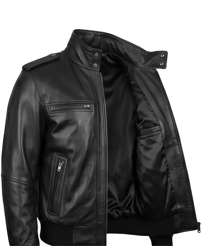 Men Real Cowhide Leather Black Bomber Jacket Front View