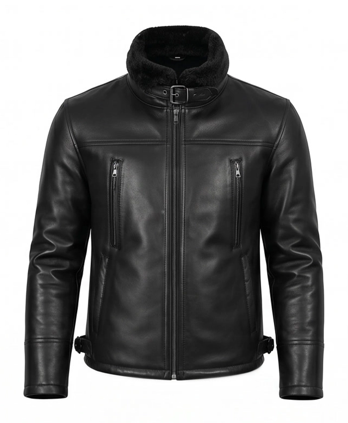 Mens B3 Bomber Shearling Lined Black Leather Jacket Front View