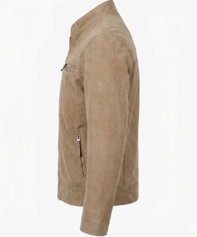 Mens Beige Cafe Racer Suede Jacket