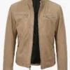 Mens Beige Cafe Racer Suede Leather Jacket