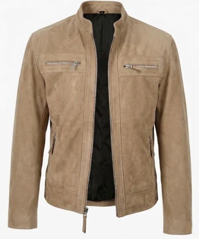 Mens Beige Cafe Racer Suede Leather Jacket