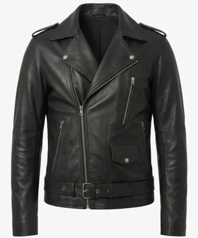 Mens Black Asymmetrical Belted Biker Jacket