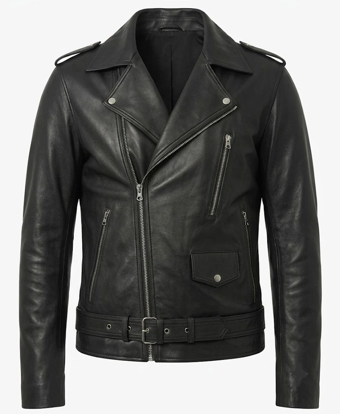 Mens Black Asymmetrical Belted Biker Jacket