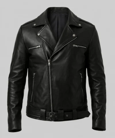 Mens Black Asymmetrical Belted Biker Leather Jacket