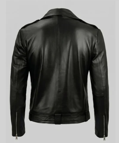 Mens Black Asymmetrical Belted Biker Leather Jacket Negan