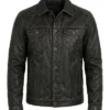 Mens Black Distressed Real Leather Trucker Jacket