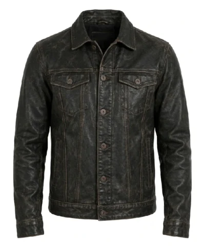 Mens Black Distressed Real Leather Trucker Jacket
