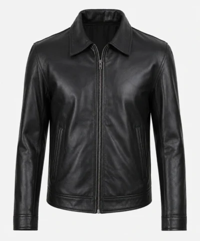 Mens Black Harrington Leather Jacket Front View