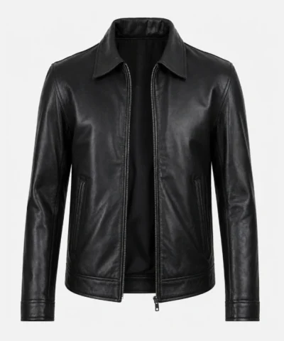 Mens Black Harrington Zip Closure Leather Jacket