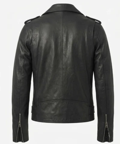 Mens Black Lambskin Asymmetrical Biker Belted Jacket