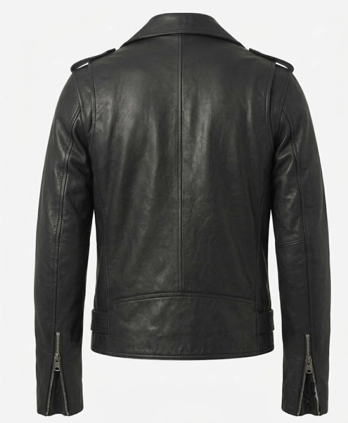 Mens Black Lambskin Asymmetrical Biker Belted Jacket