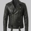 Mens Black Lambskin Asymmetrical Biker Jacket Belted