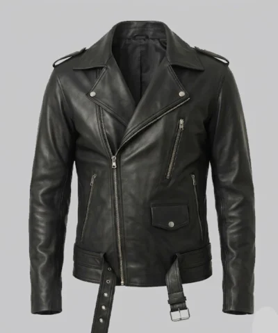 Mens Black Lambskin Asymmetrical Biker Jacket Belted