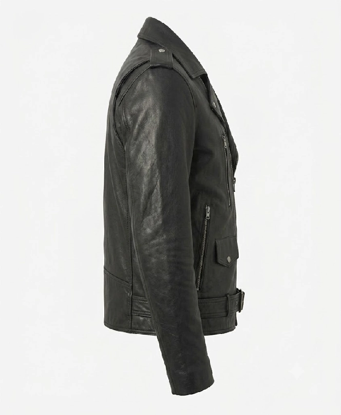 Mens Black Lambskin Asymmetrical Biker Jacket