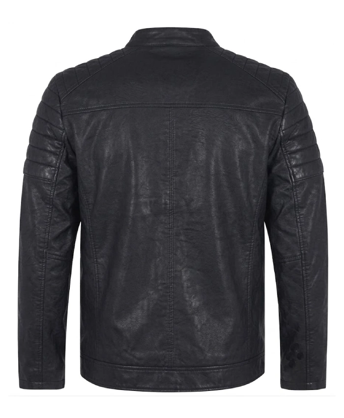 Mens Black Leather Quilted Shoulder Biker Jacket