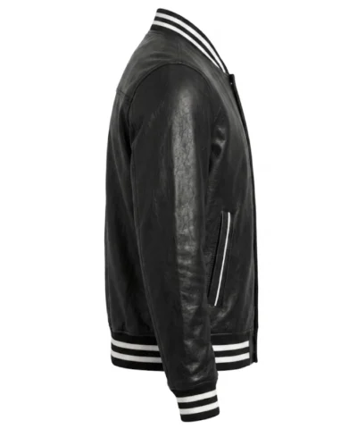 Mens Black Leather Shirt Collar Varsity Jacket