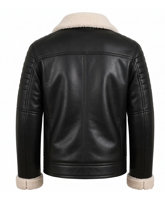Mens Black Leather White Shearling Collar Jacket Back View