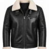 Mens Black Leather White Shearling Collar Jacket Front View