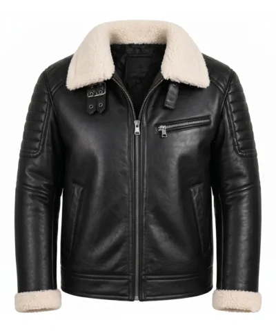 Mens Black Leather White Shearling Collar Jacket Front View