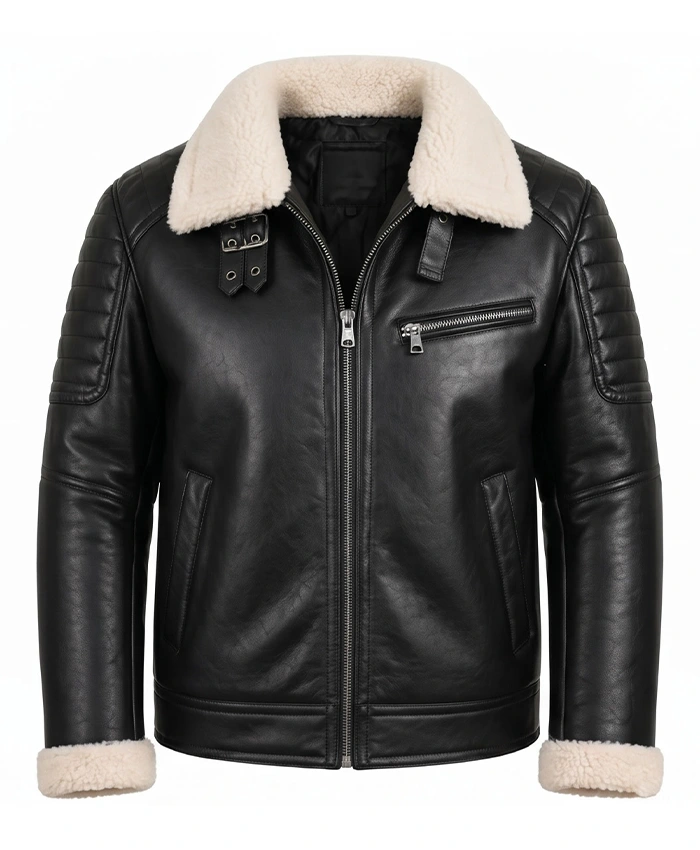 Mens Black Leather White Shearling Collar Jacket Front View