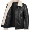Mens Black Leather White Shearling Collar Jacket Showing Inner and Pocket