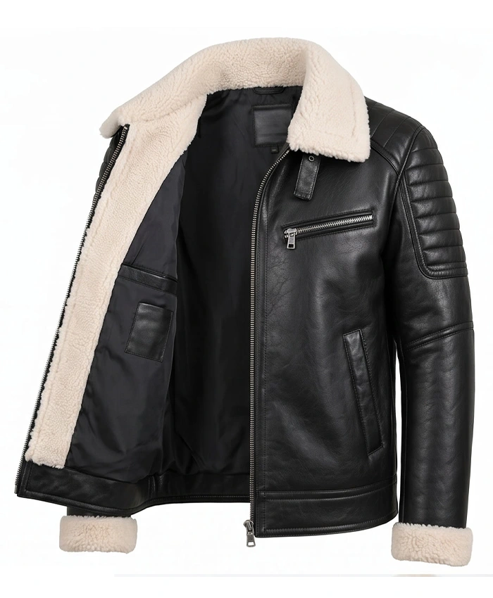 Mens Black Leather White Shearling Collar Jacket Showing Inner and Pocket