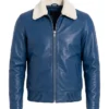 Mens Blue Leather Shearling Collar Jacket
