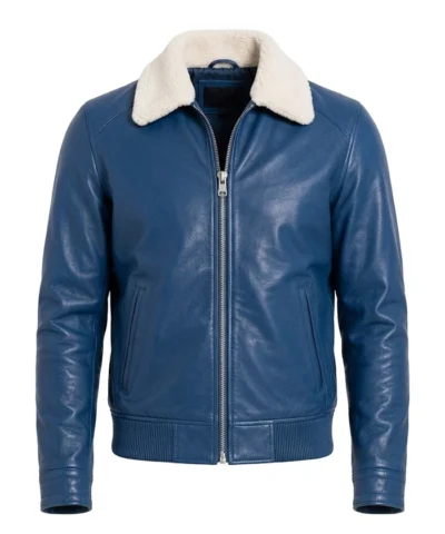Mens Blue Leather Shearling Collar Jacket